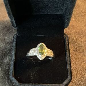 Authentic Bohemian Moldavite & White Zircon Ring Platinum / Sterling Silver sz9